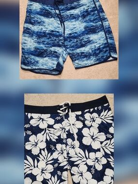 Old Navy Men's Blue Ocean Print & Navy Floral Board Shorts (Two Pairs)